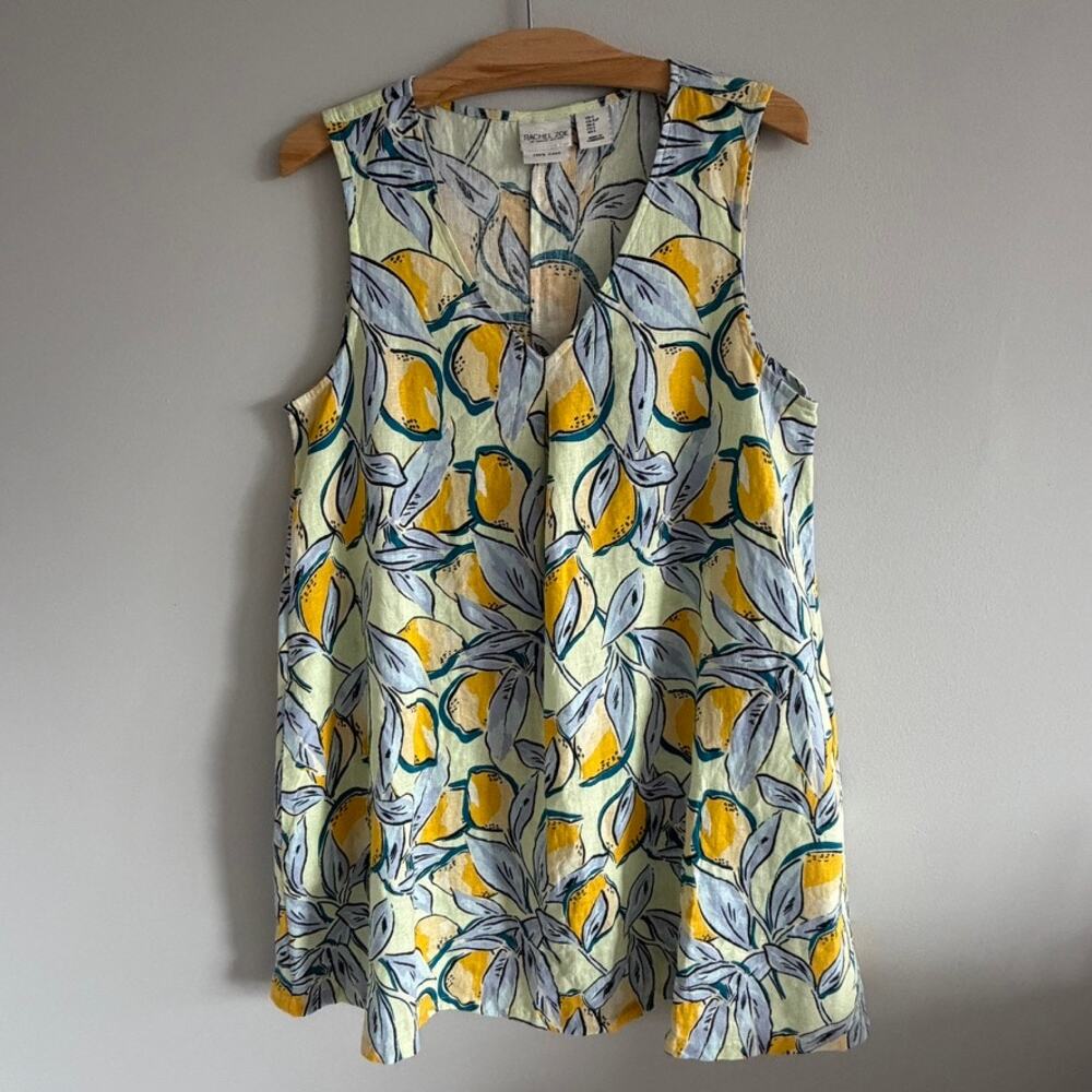 Rachel Zoe Linen Dress Lemon Print Amalfi Coast Sleeveless Shift Pockets Size S